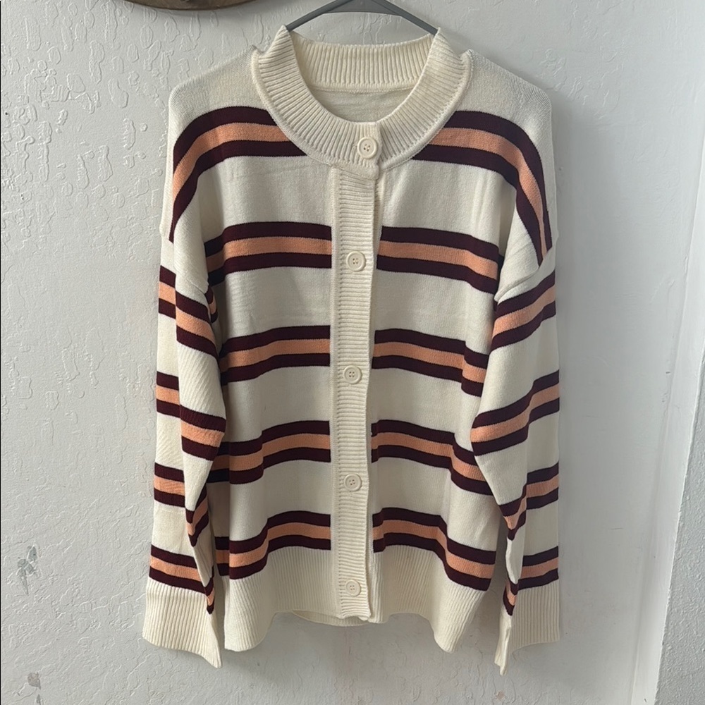Striped Cardigan Chunky Buttons Soft Casual White Maroon Orange Size XL - Picture 2 of 4